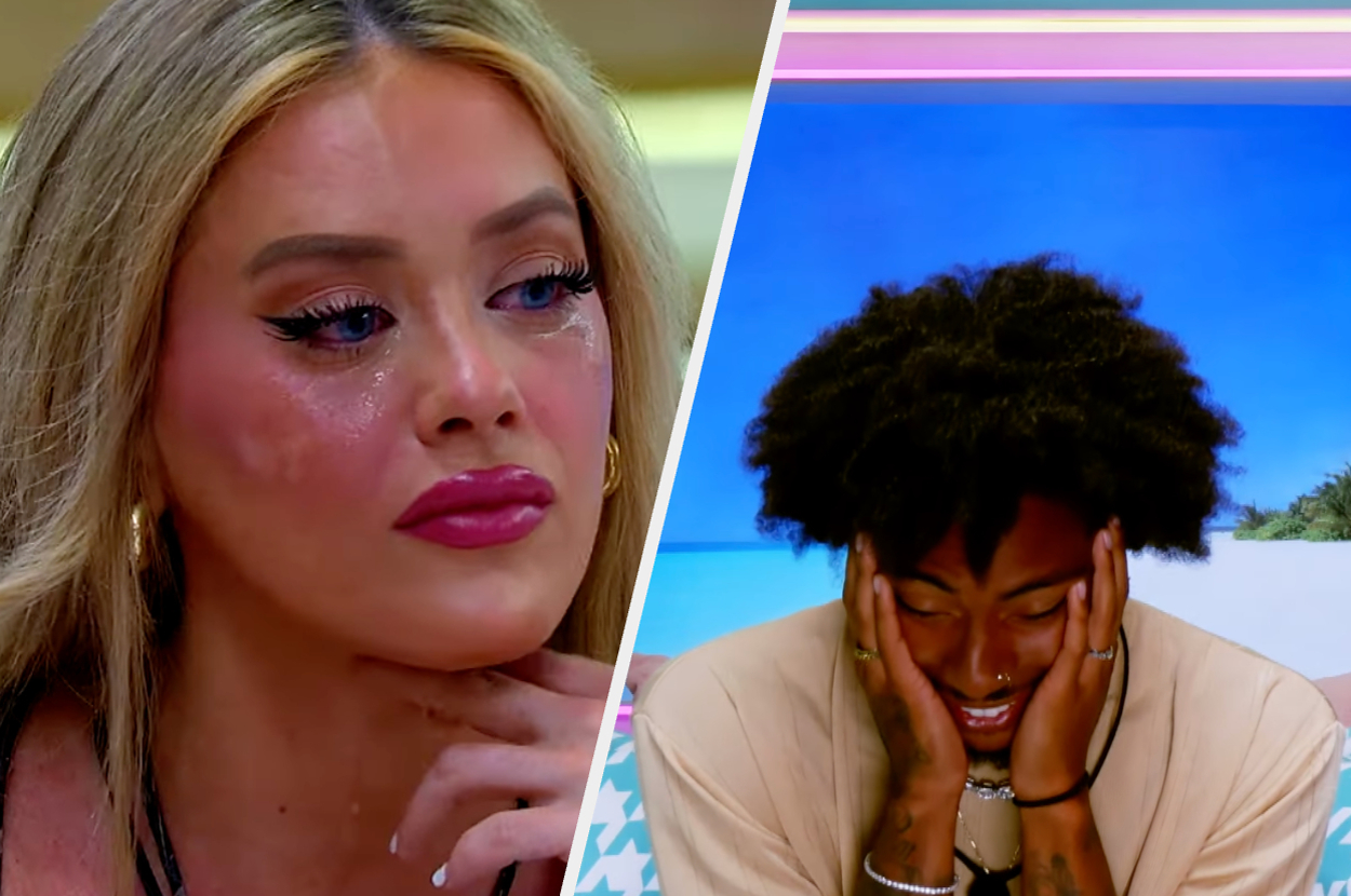 Love Island cast member Kaylor cries on the left behind text, are you Kaylor? As cast member Kordell looks stressed on the right behind text, or is it giving Kordell?