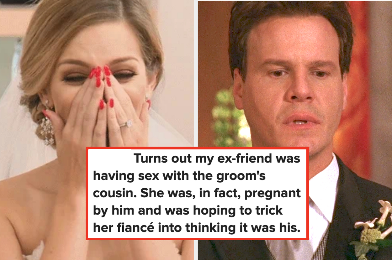 A bride covers her face in shock, while a groom looks disturbed. Text in image: "Turns out my ex-friend was having sex with the groom's cousin. She was, in fact, pregnant by him and was hoping to trick her fiancé into thinking it was his."