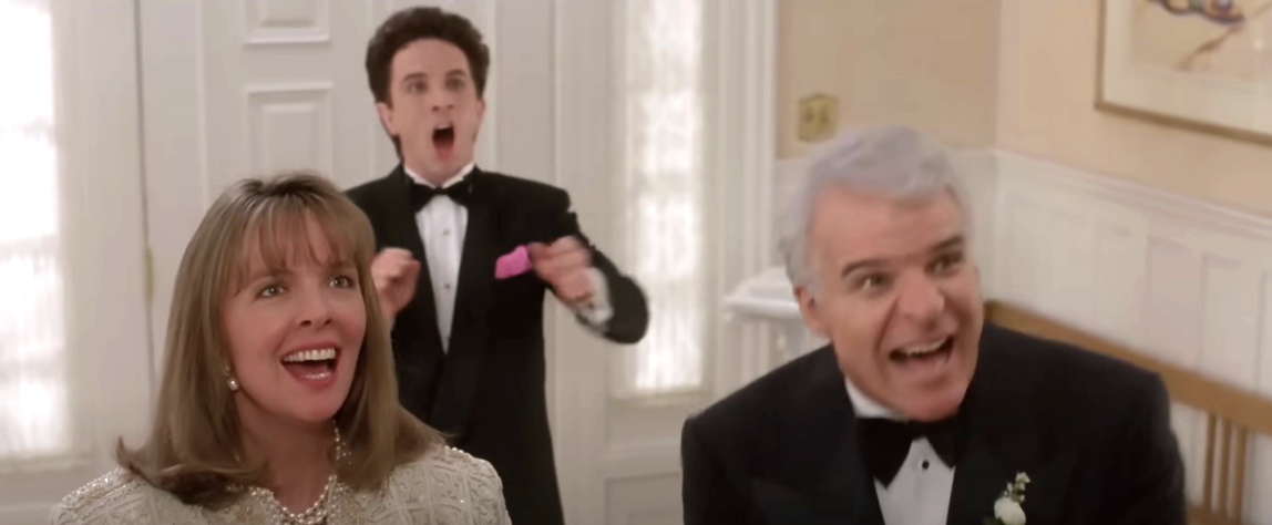 Diane Keaton, Martin Short, and Steve Martin are fearfully reacting in formal attire, likely at a celebratory event