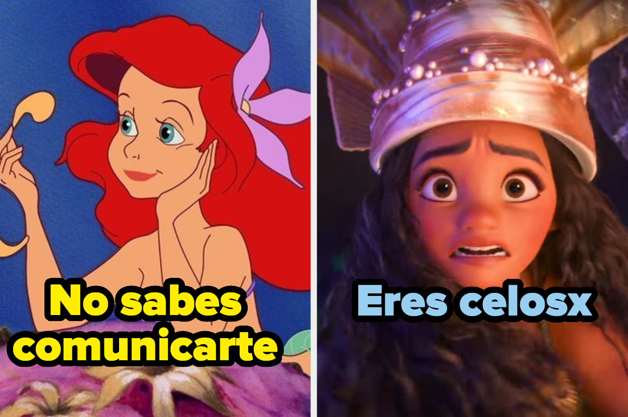 Ariel de "La Sirenita" hablando con un pez, texto: "No sabes comunicarte". Moana nerviosa, texto: "Eres celosx"