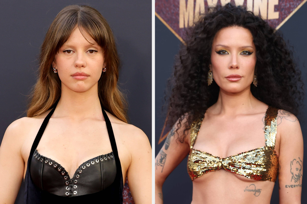 Mia Goth in a black leather outfit and Halsey in a gold top at the premiere of 