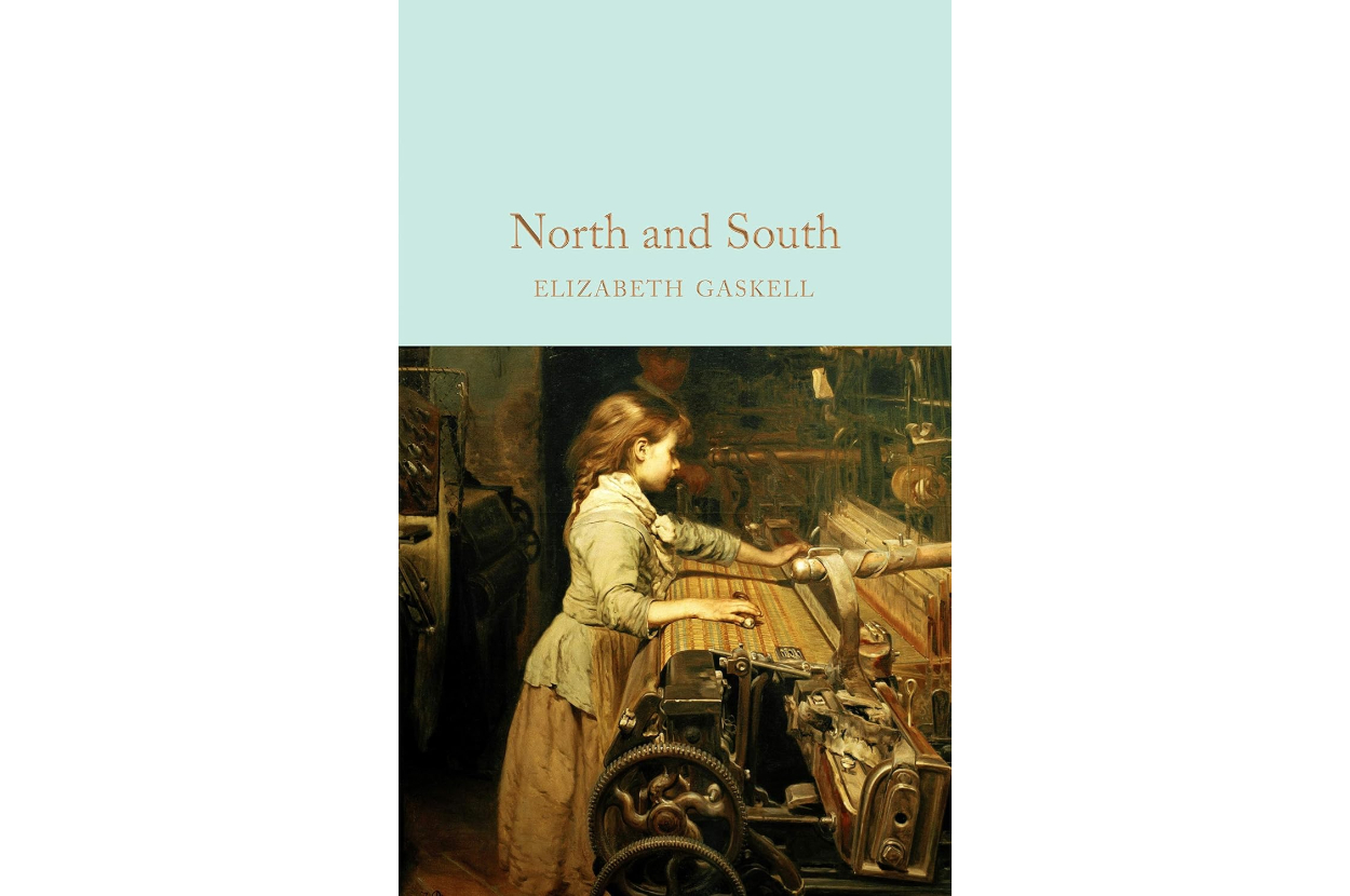 Cover of &quot;North and South&quot; by Elizabeth Gaskell features an illustration of a woman operating a loom in an industrial setting