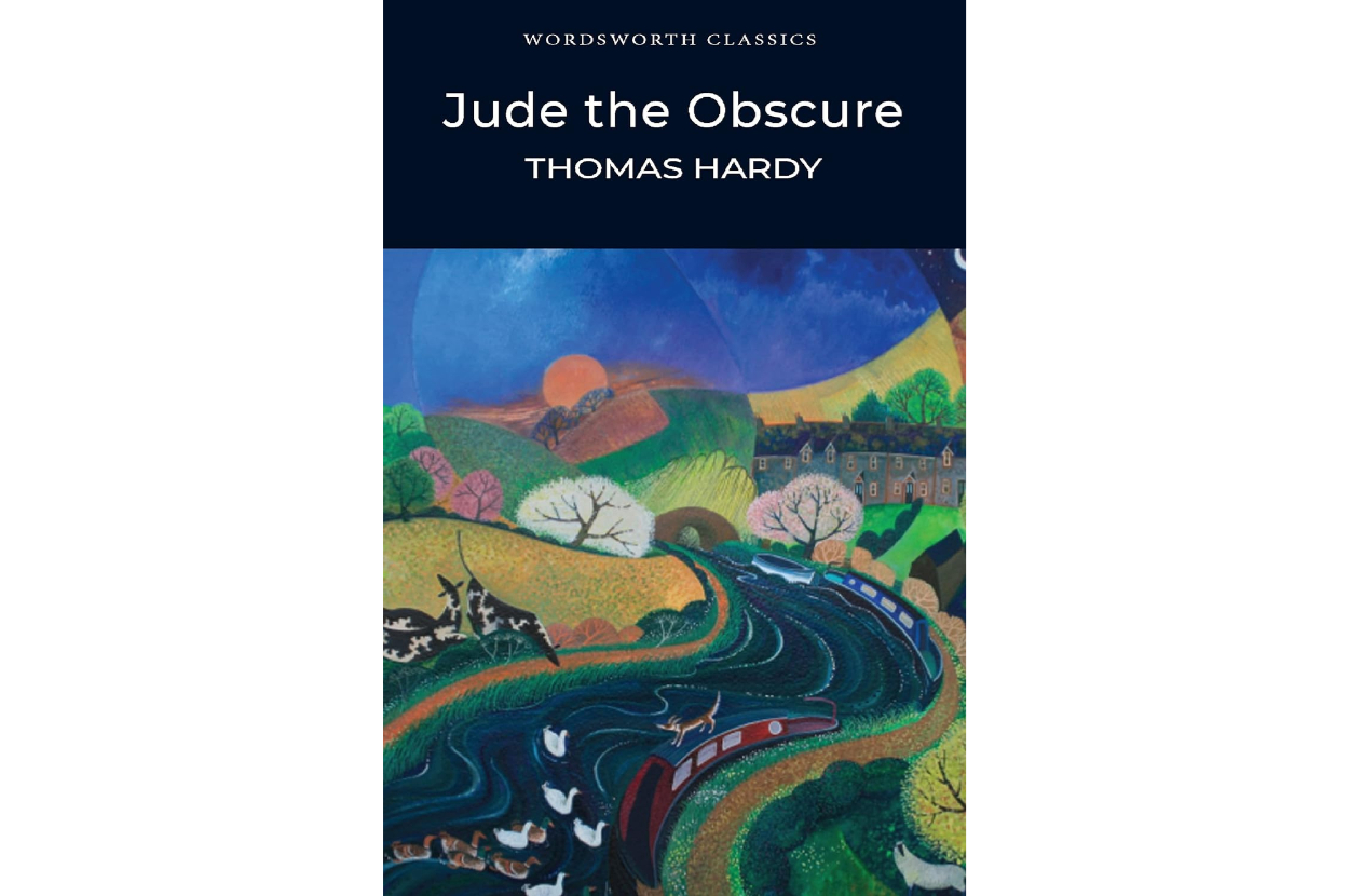 Cover of &quot;Jude the Obscure&quot; by Thomas Hardy, featuring a colorful landscape illustration with a river, trees, and a village