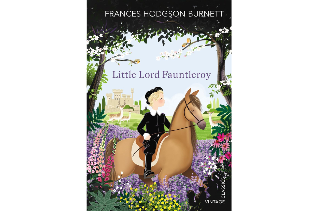 Book cover of &quot;Little Lord Fauntleroy&quot; by Frances Hodgson Burnett shows a boy riding a horse amidst a scenic garden with a castle in the background
