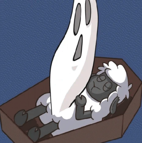 Animated image of a sheep sleeping in a coffin, covered by a ghost-shaped blanket