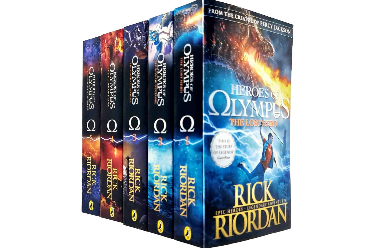 Collection of five &quot;Heroes of Olympus&quot; books by Rick Riordan, showing spines and covers with mythical scenes and characters from the series