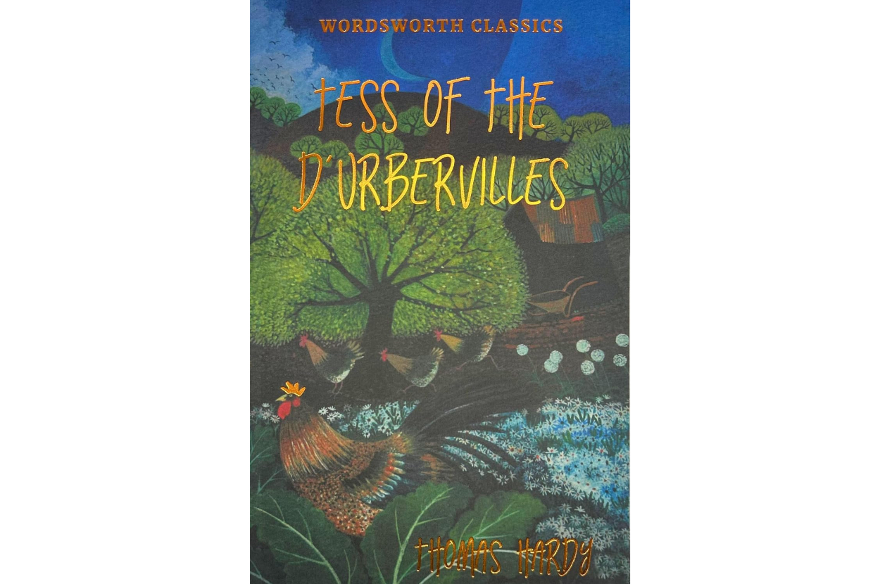 Cover of &quot;Tess of the D'Urbervilles&quot; by Thomas Hardy, part of the Wordsworth Classics series, with an illustration of a rural landscape and a rooster