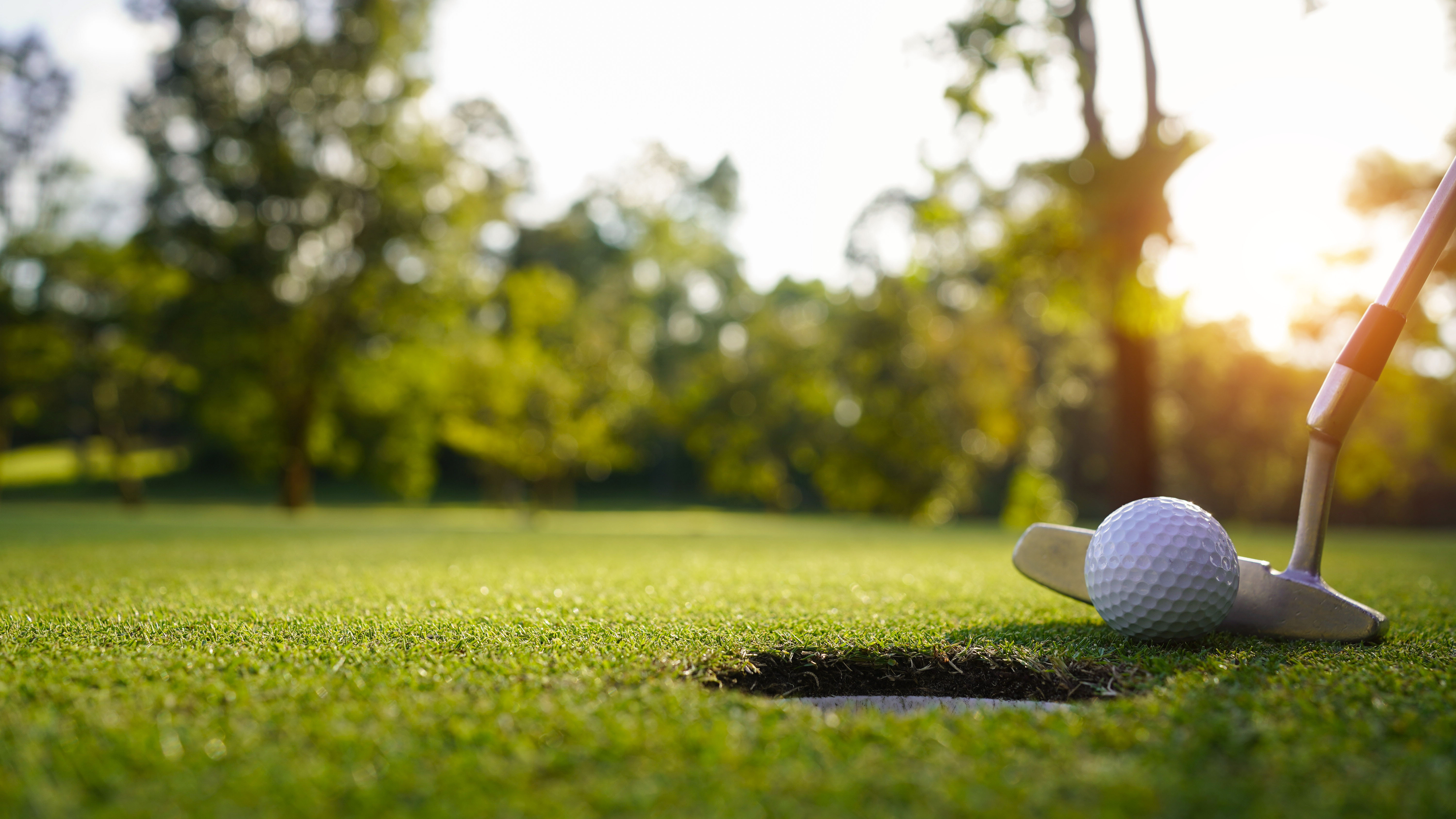 A golf ball is about to be putted into a hole on a golf course, with a close-up view of the putter and the ball on the green grass. Trees are in the background