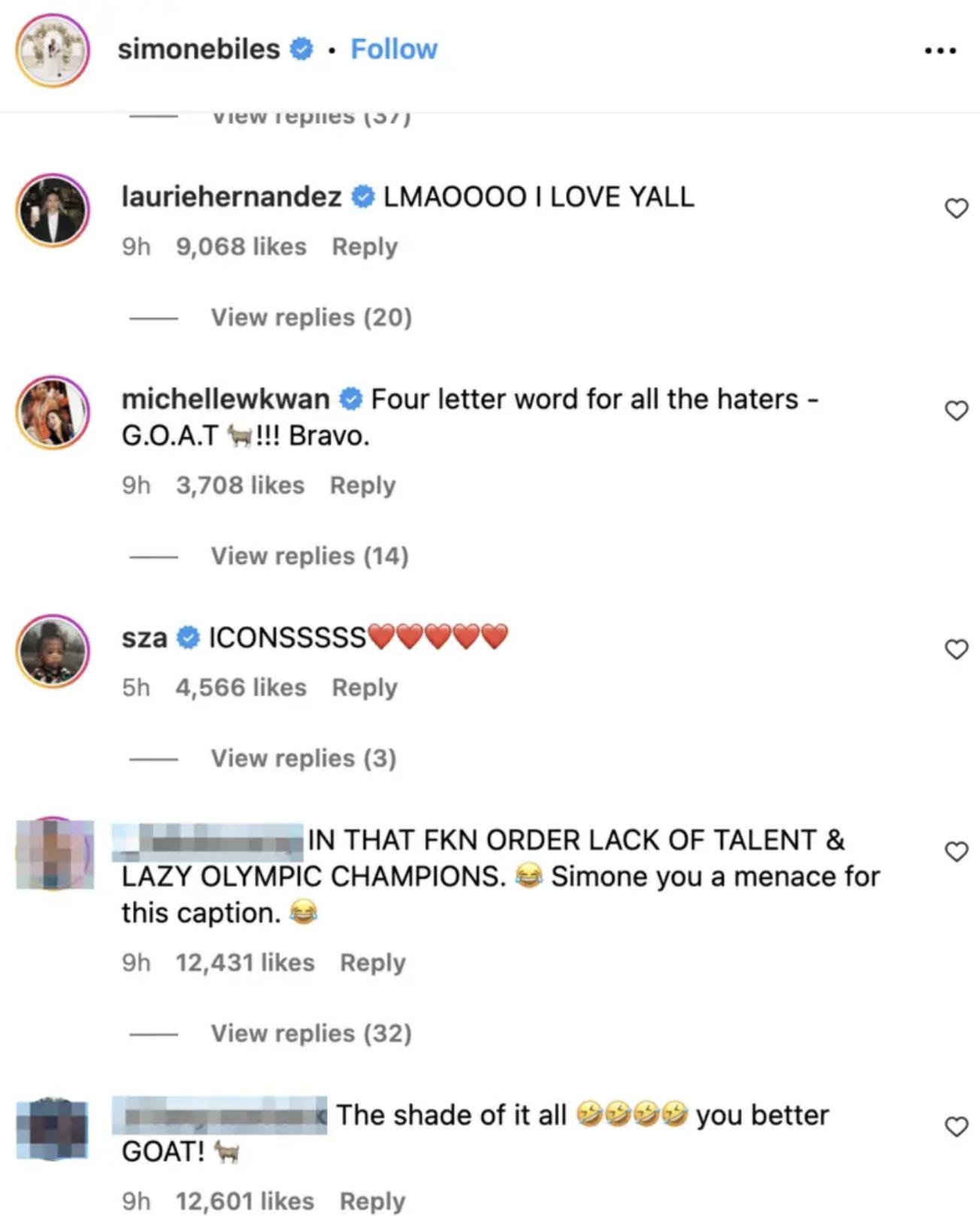 Instagram post comments on Simone Biles&#x27;s image from Laurie Hernandez, Michelle Kwan, SZA, and other users praising her, with some humorous responses