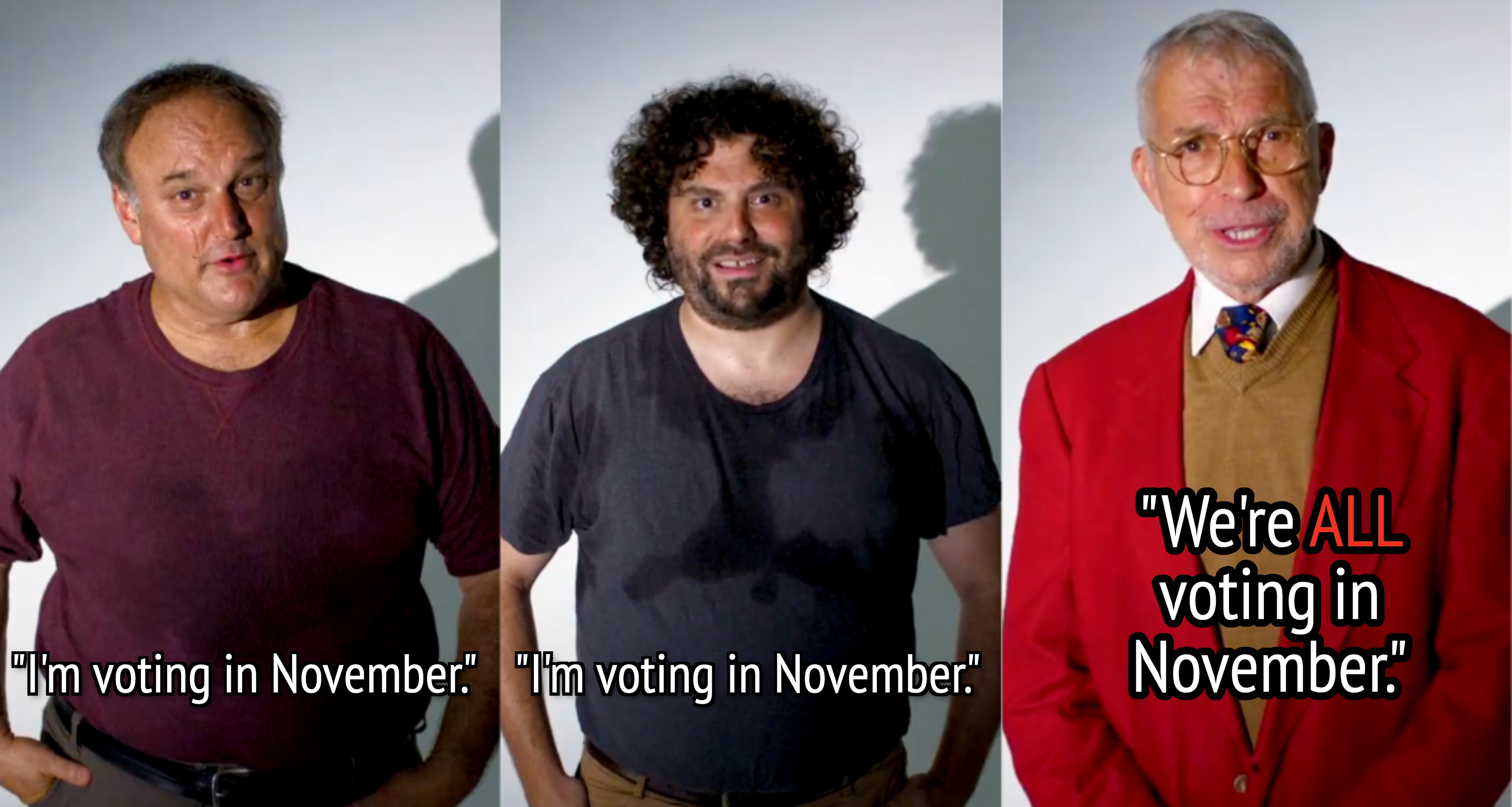 From left to right: Paul Walter Hauser in casual attire, Alexi Pappas in a t-shirt with sweat stains, Richard Jenkins in a red blazer over a tan sweater