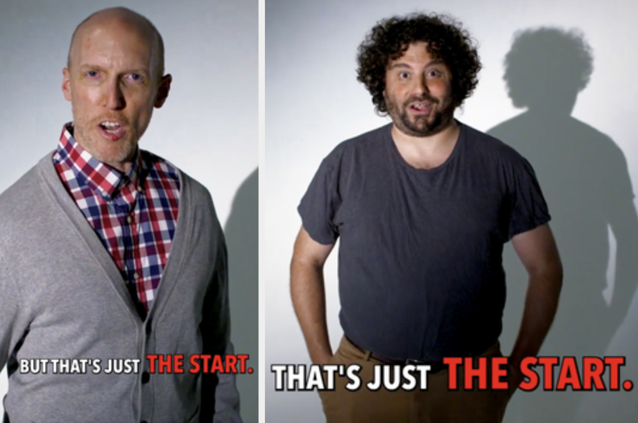 Two men are side-by-side. The left man's shirt reads "BUT THAT'S JUST THE START." The right man's shirt reads "THAT'S JUST THE START."