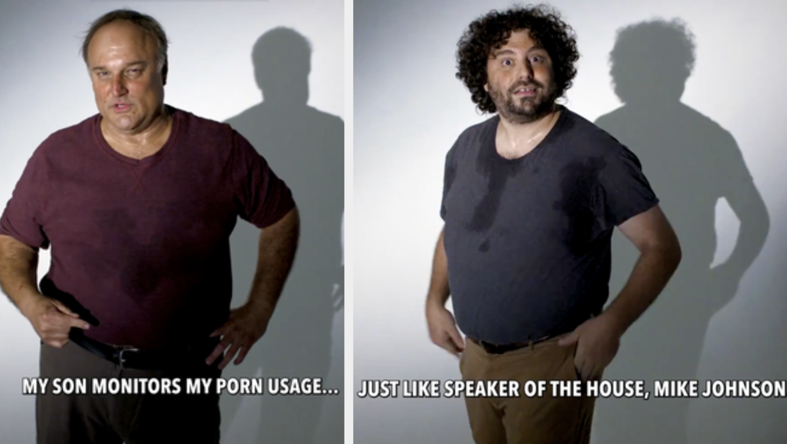 Two men stand separately with visible sweat stains on their shirts. The text reads: "MY SON MONITORS MY PORN USAGE… JUST LIKE SPEAKER OF THE HOUSE, MIKE JOHNSON."