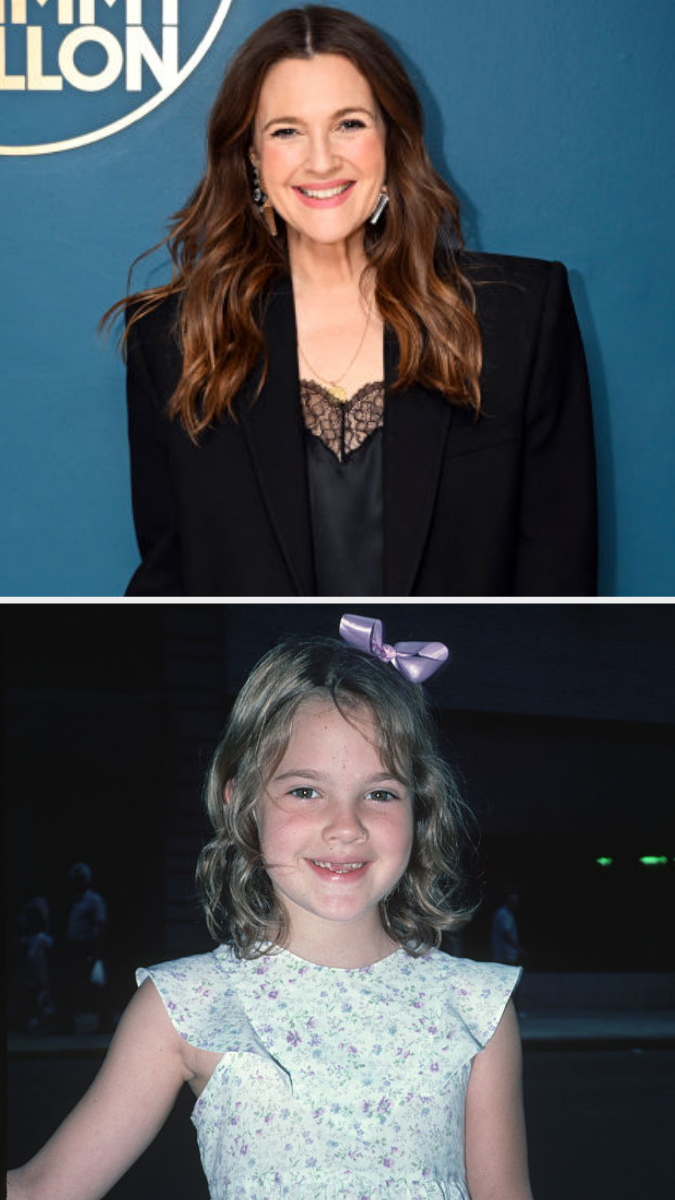 Drew Barrymore is pictured; in the top image, she wears a black blazer with lace underneath; in the bottom image, she is a child, wearing a white dress with floral print