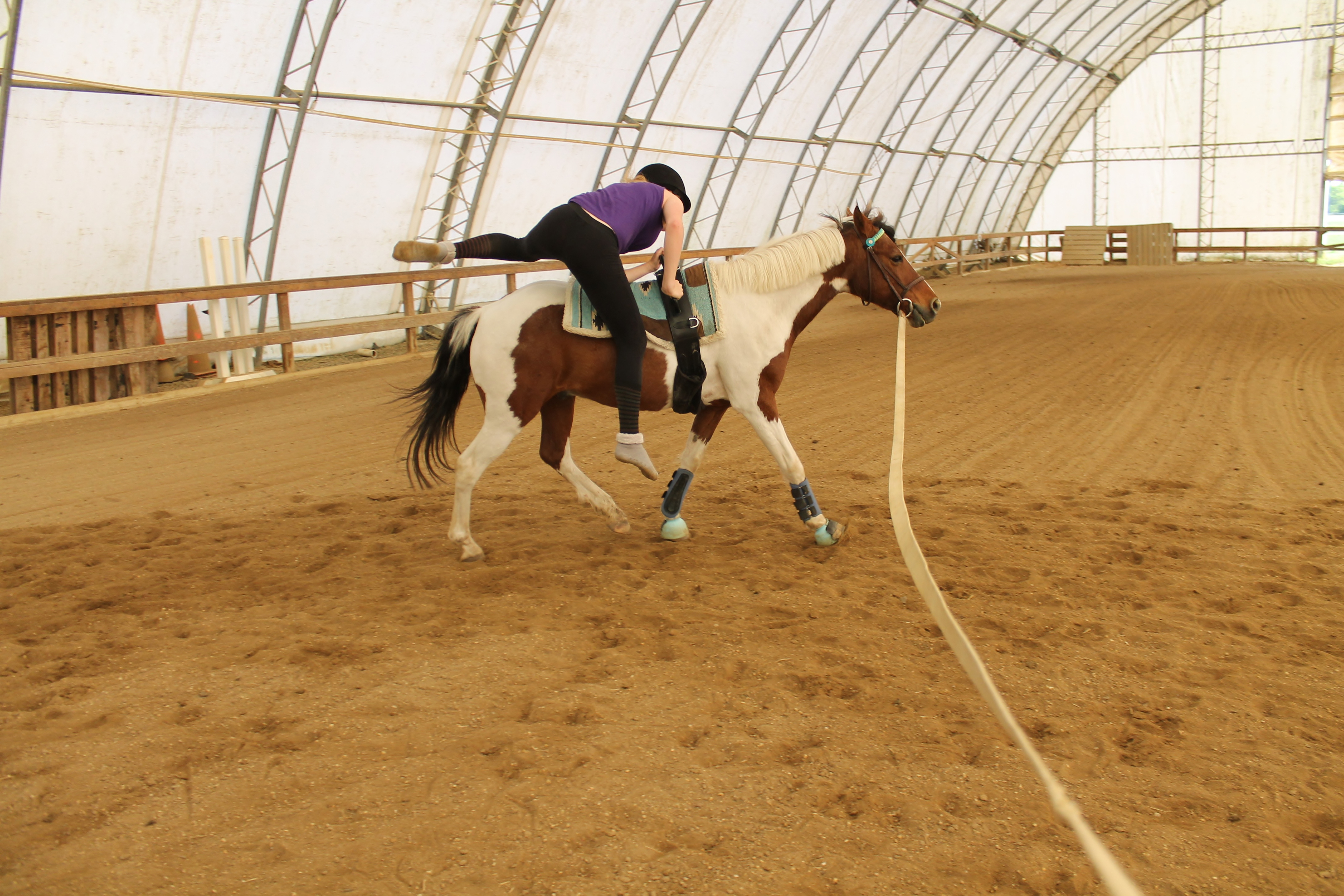 A person in horseback riding gear is practicing vaulting moves on a horse led by a long line in an indoor arena