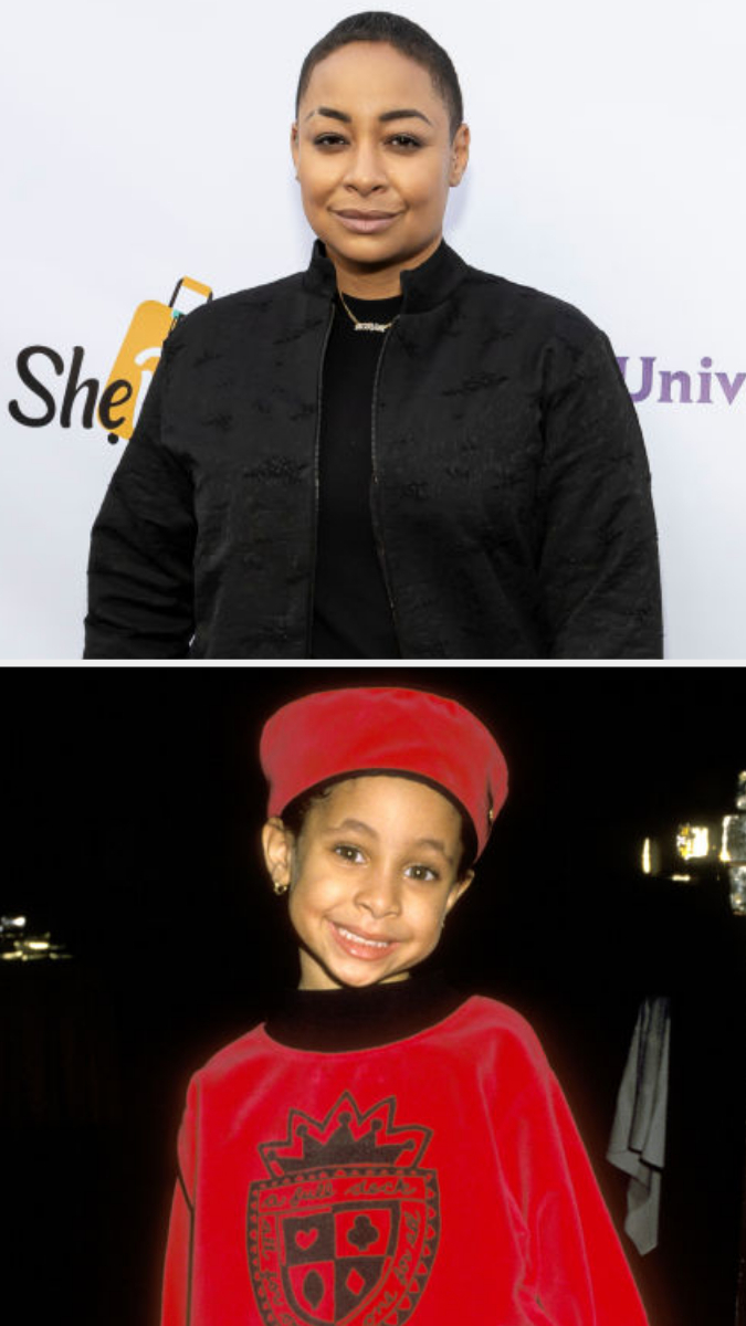 Raven-Symoné wearing a black jacket in a recent photo above a childhood photo of her in a red outfit and matching beret