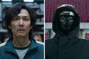 From left to right: Lee Jung-jae in a tracksuit and the Front Man wearing a black hood and mask from the show Squid Game