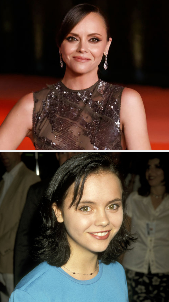 Christina Ricci at different times; top photo: on the red carpet in a sequined dress; bottom photo: younger, smiling, in casual attire