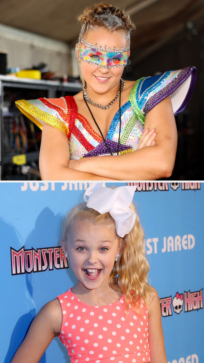 JoJo Siwa in a colorful, futuristic outfit with a glittery mask; below, she is wearing a pink polka dot dress with her hair in a high ponytail and a white bow