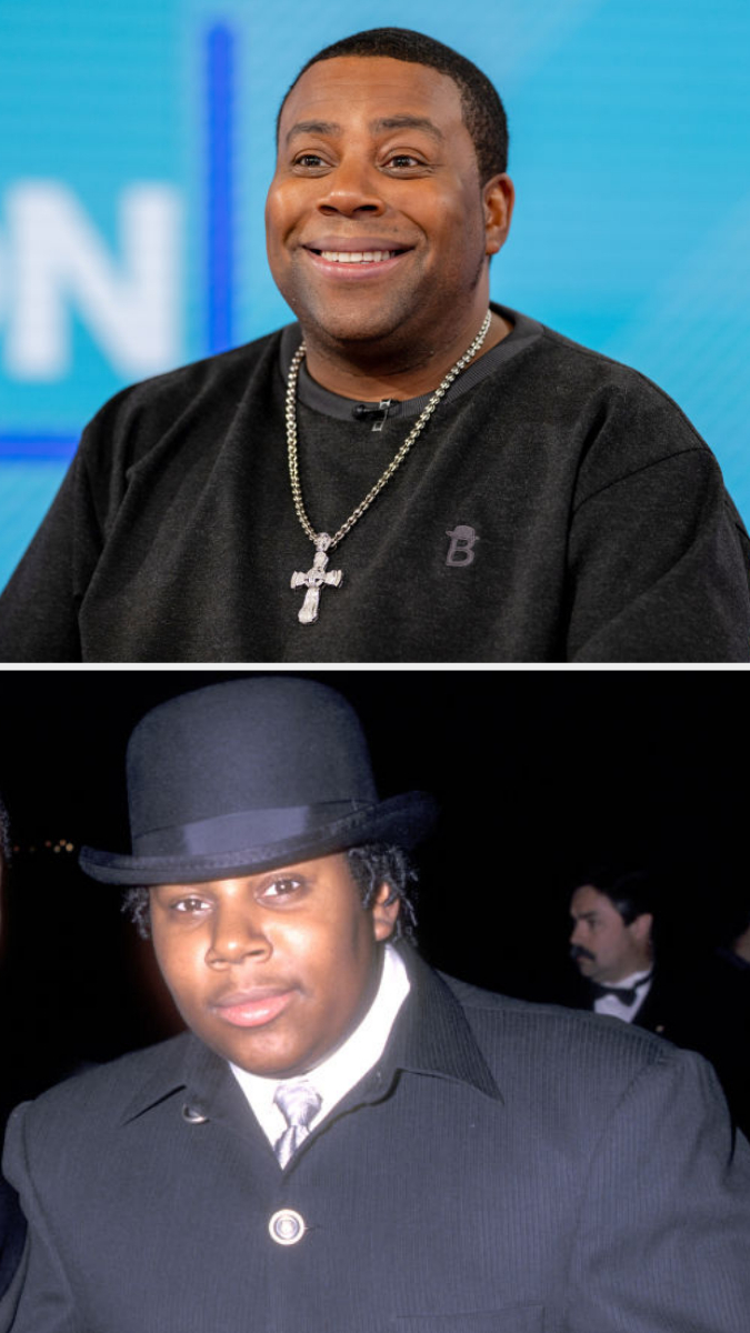 Kenan Thompson in two images: the top shows him smiling in casual wear with a cross necklace, the bottom shows him younger in a suit and bowler hat