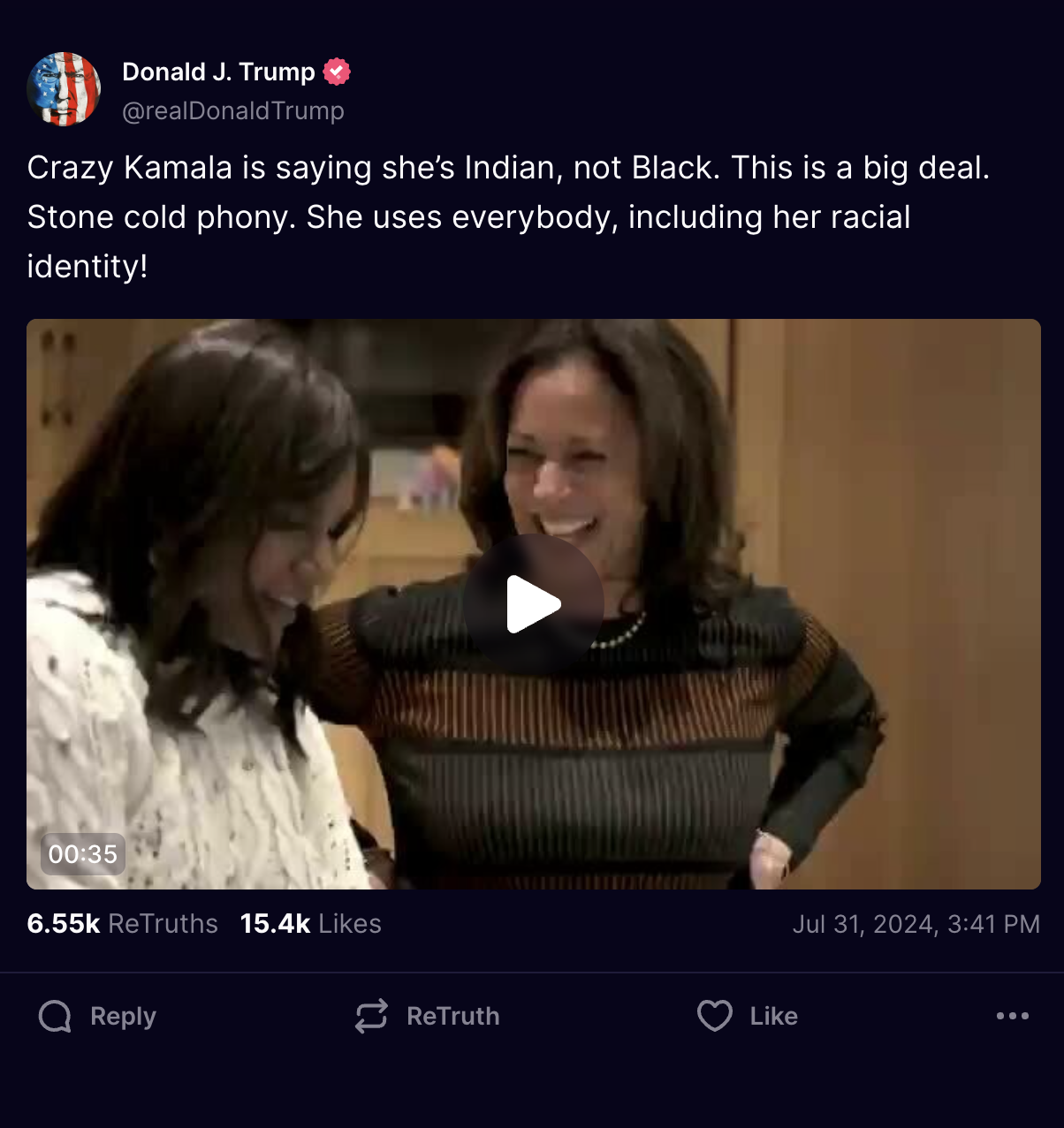 A tweet from Donald J. Trump says, "Crazy Kamala is saying she's Indian, not Black. This is a big deal. Stone cold phony. She uses everybody, including her racial identity!" The linked video shows two women standing together and smiling