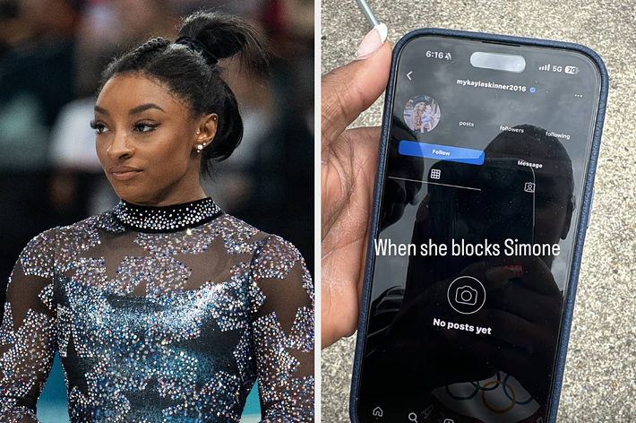 Simone Biles in a sparkling leotard on the left; a phone screen showing an Instagram profile blocking Simone Biles on the right with the text "When she blocks Simone"