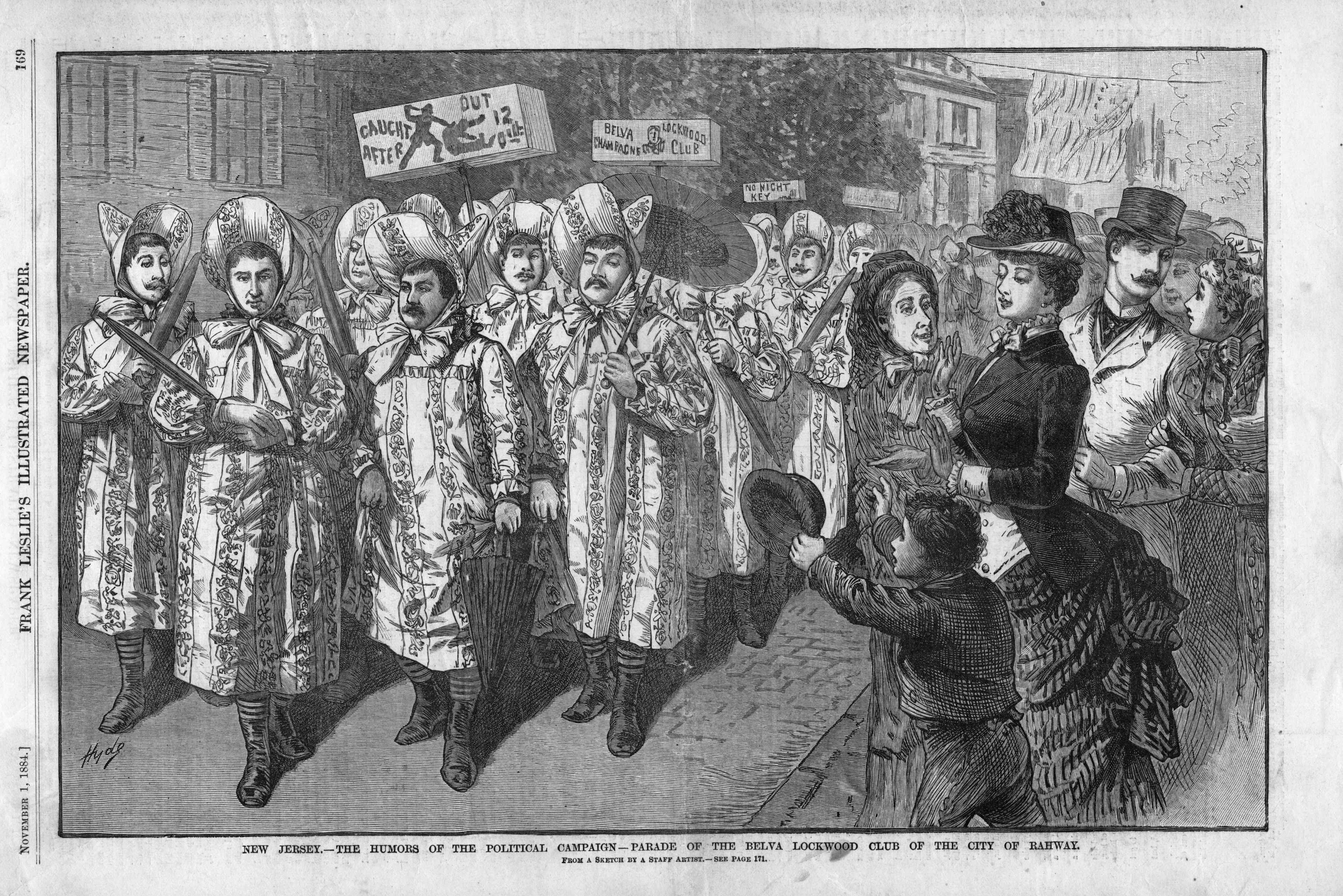 Illustration of people in Mother Hubbard costumes parading and holding signs. Spectators watch; scene from a satirical print.