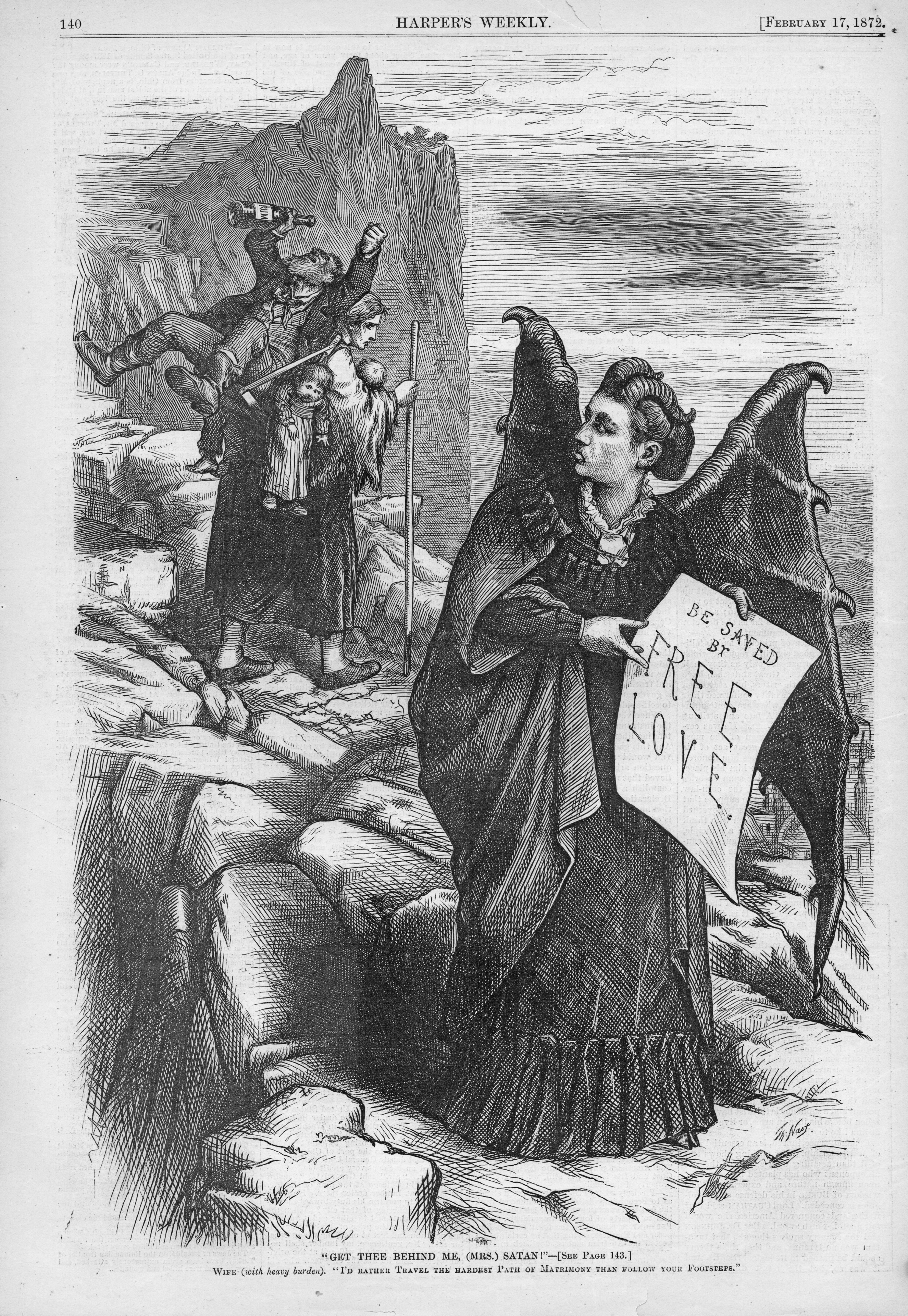 A historical cartoon depicts a woman with bat wings holding a sign saying "Be saved by FREE LOVE" while men in the background navigate a rocky cliff