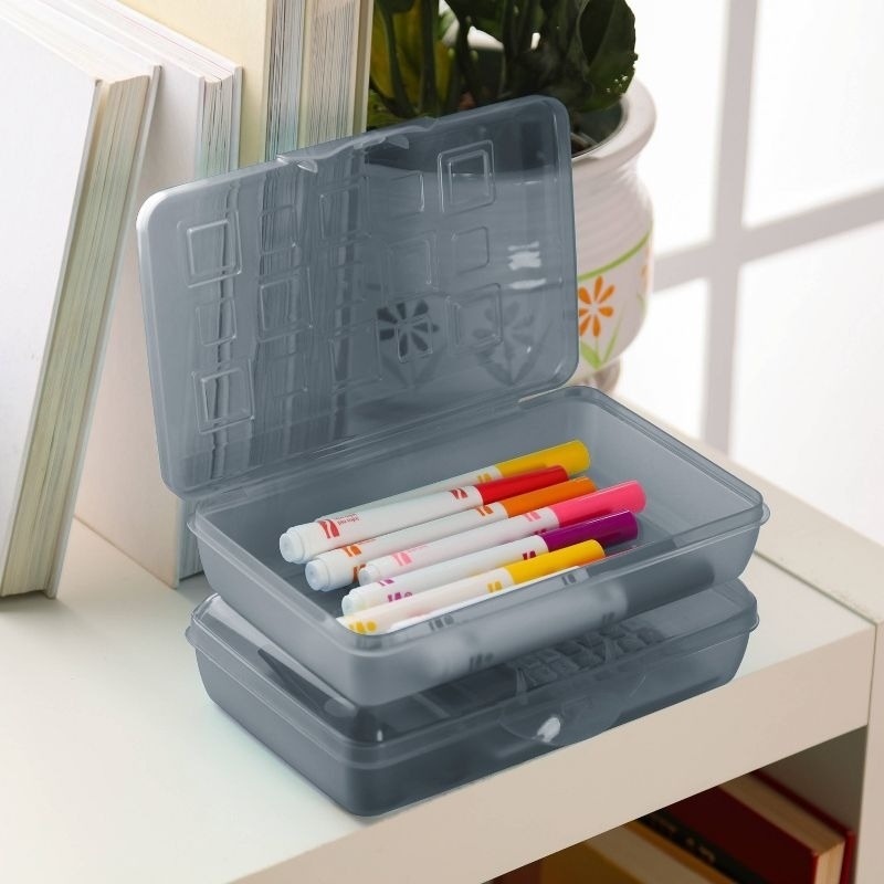 Plastic storage box with a hinged lid containing several markers in a home office setting. Books and a potted plant are in the background
