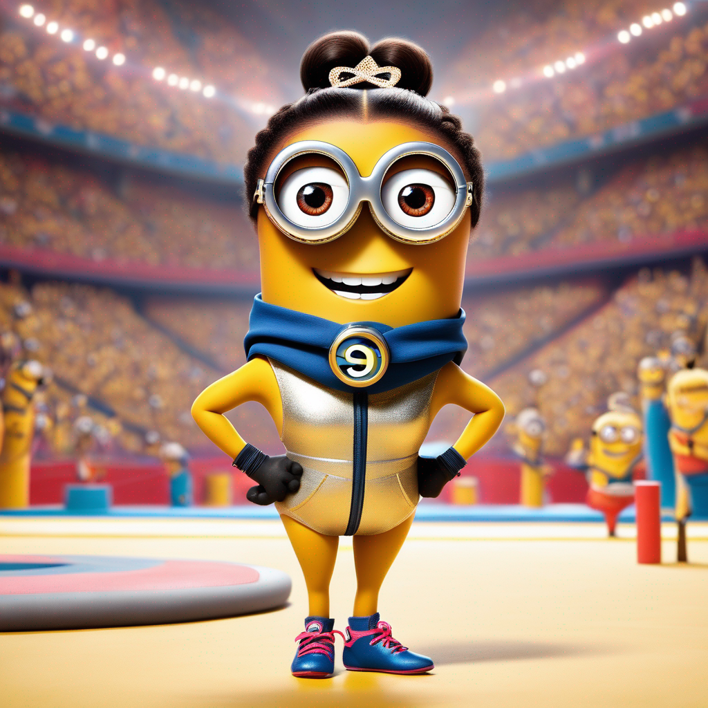 A Minion character, dressed in athletic wear, confidently stands in a sports arena, surrounded by other Minions in the background
