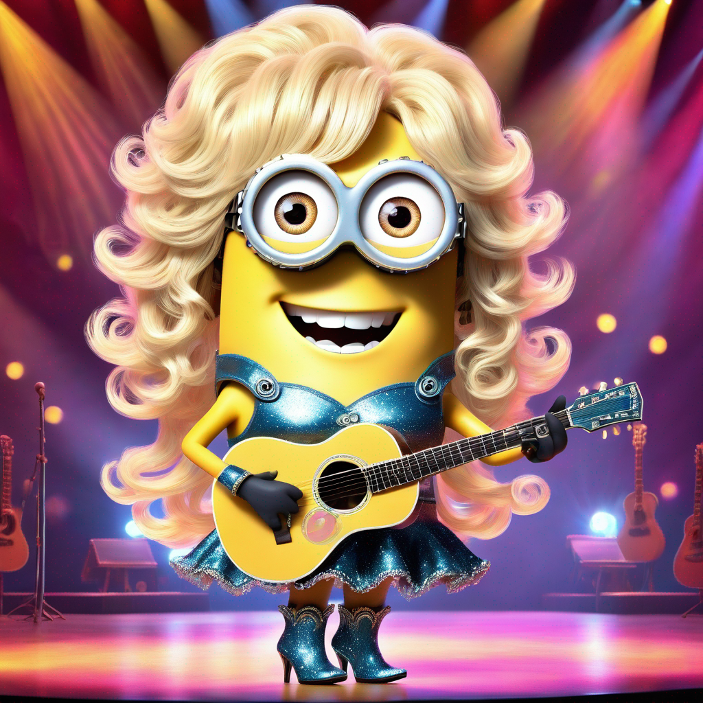 Minion dressed as Dolly Parton with blonde wig and sparkly outfit playing guitar on stage with colorful lights in the background