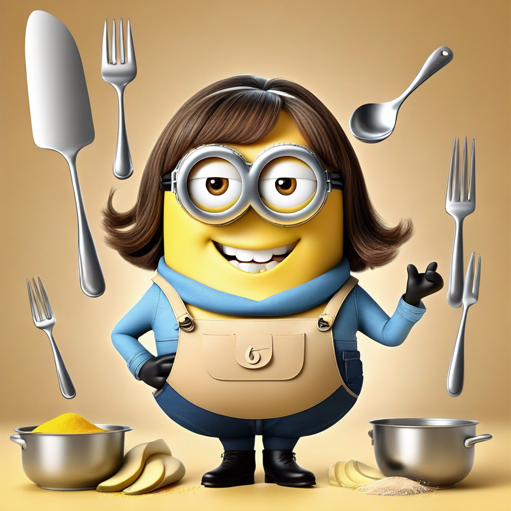 Minion dressed as Julia Child, wearing a chef outfit, stands with a playful expression surrounded by kitchen utensils and pots