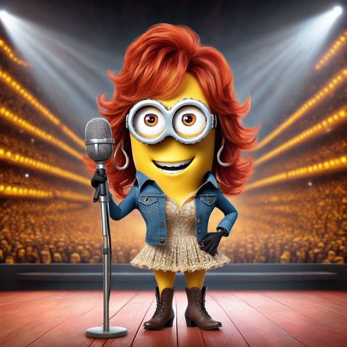 Minion dressed as a country singer with red wig, denim jacket, sequin dress, and cowboy boots, standing on stage with a microphone