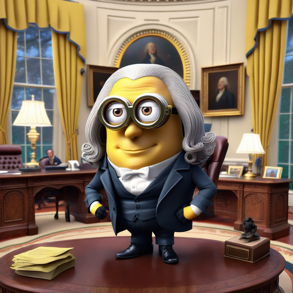 A Minion character dressed as Benjamin Franklin stands confidently on a desk in an oval office-style room with historic portraits in the background