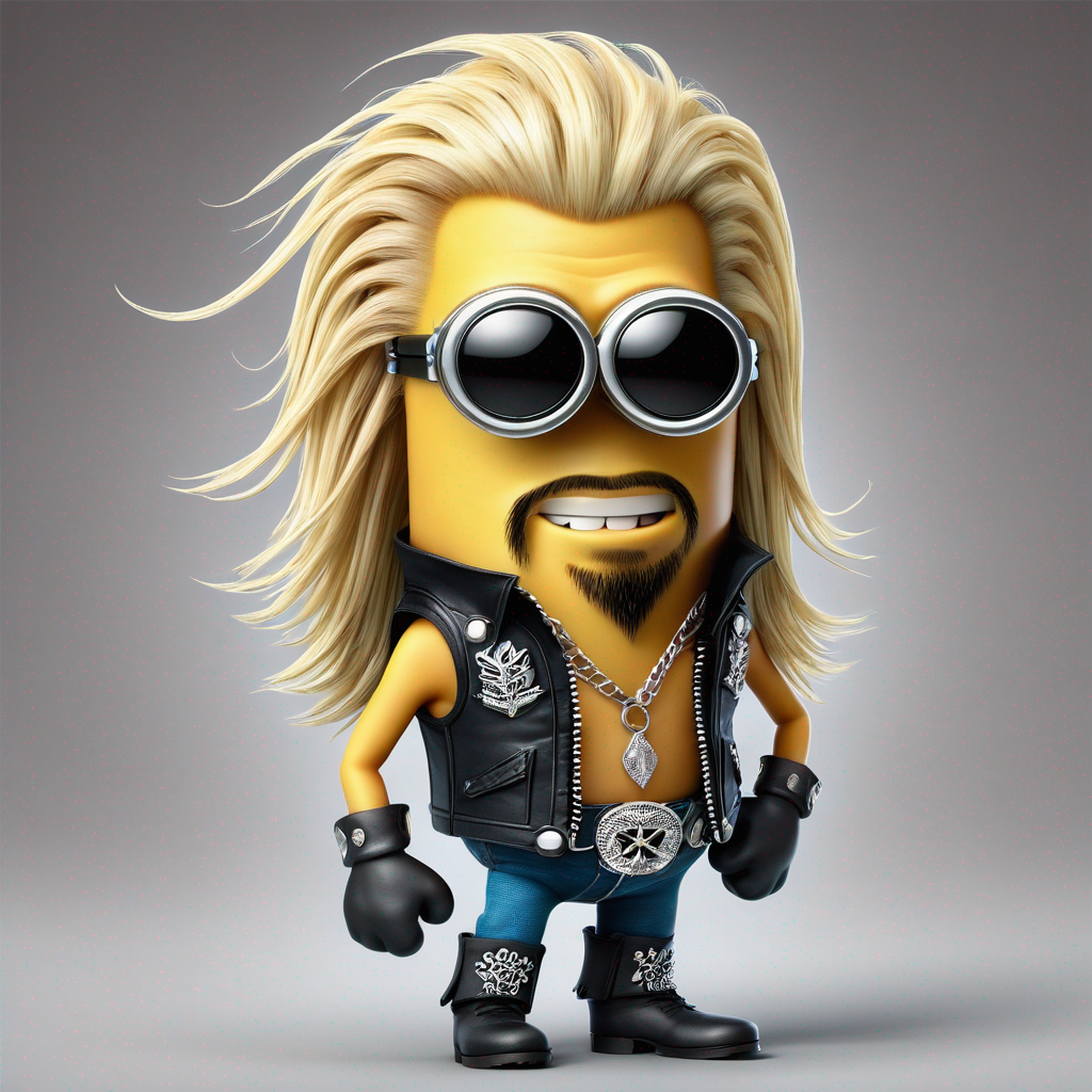 Minion character dressed as Dog the Bounty Hunter, with long hair, sunglasses, leather vest, gloves, and jeans with boots