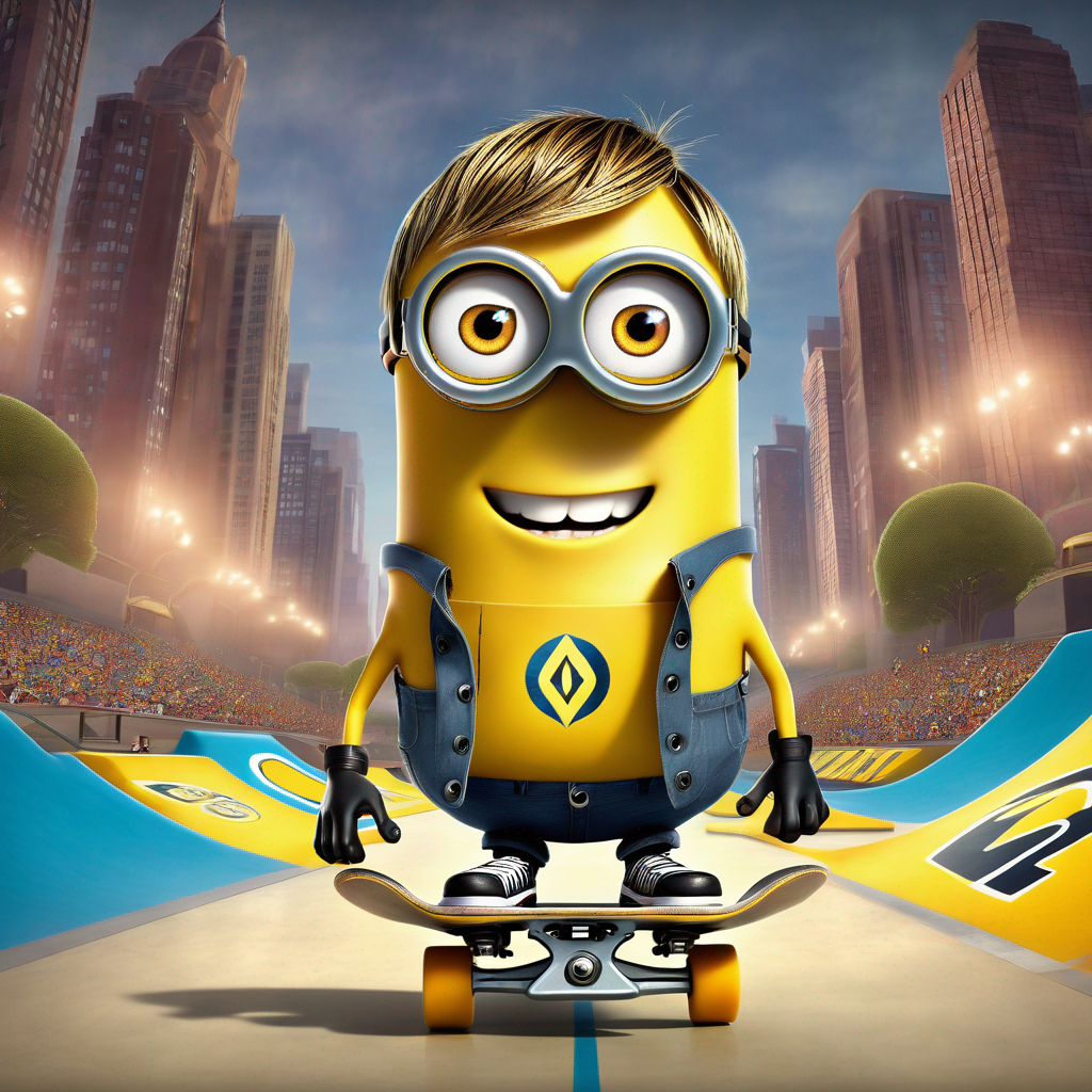 Minion character skateboarding in a cityscape, wearing goggles, gloves, and a vest