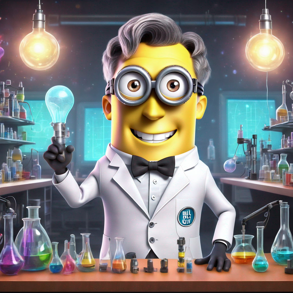 A Minion wearing a lab coat and bow tie, holding a light bulb in a science lab filled with beakers and lab equipment