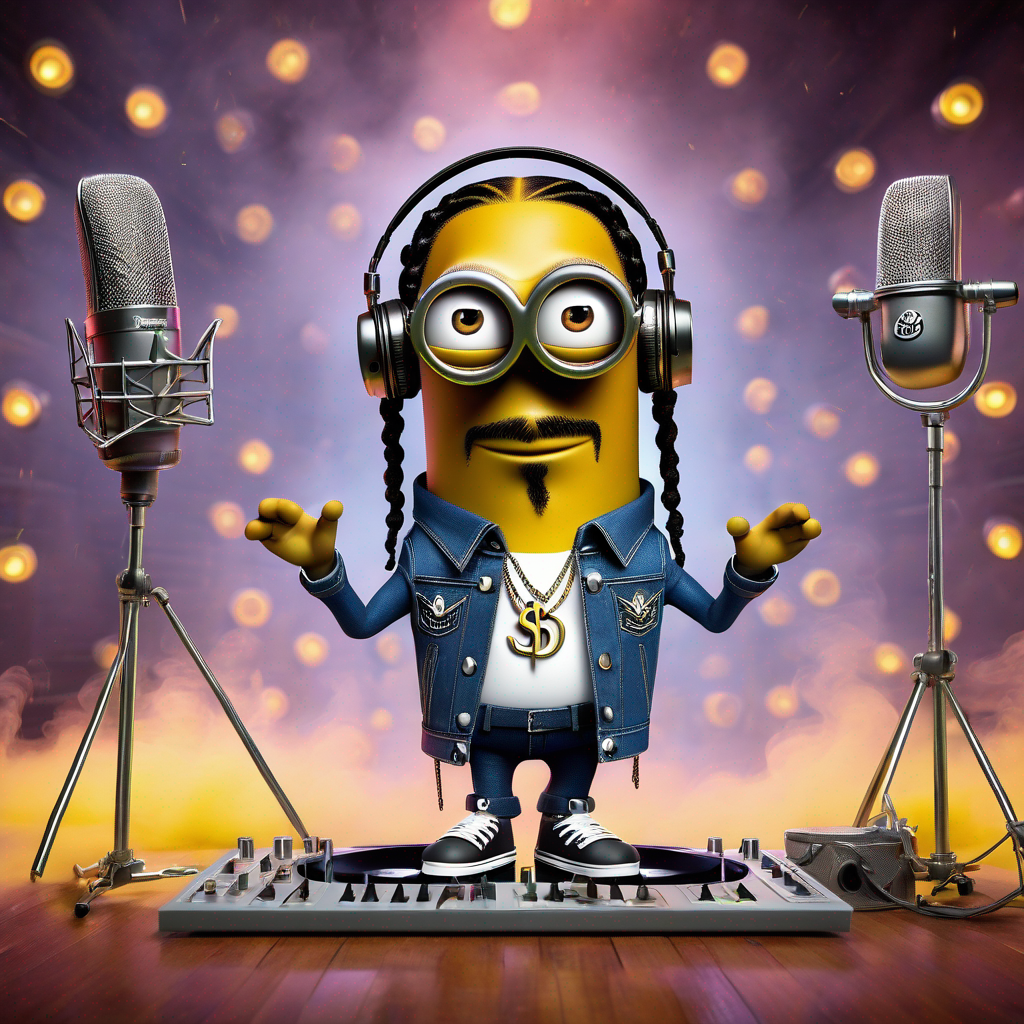 A Minion dressed as Snoop Dogg stands between two microphones, wearing headphones, a denim jacket, gold chains, and sneakers, in front of a DJ set