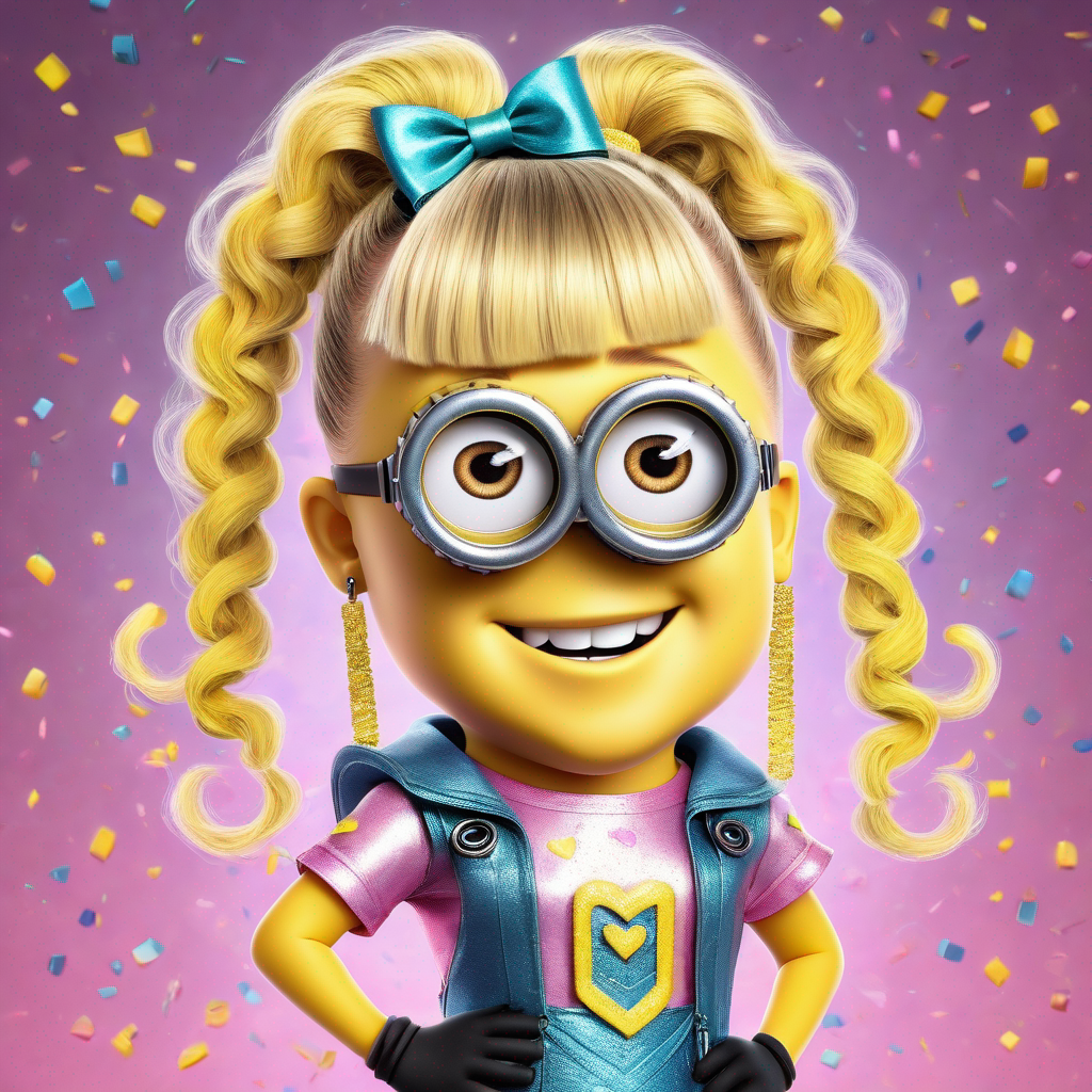 A Minion with curly pigtails and a blue bow stands smiling, wearing a metallic vest over a heart-printed shirt, surrounded by confetti