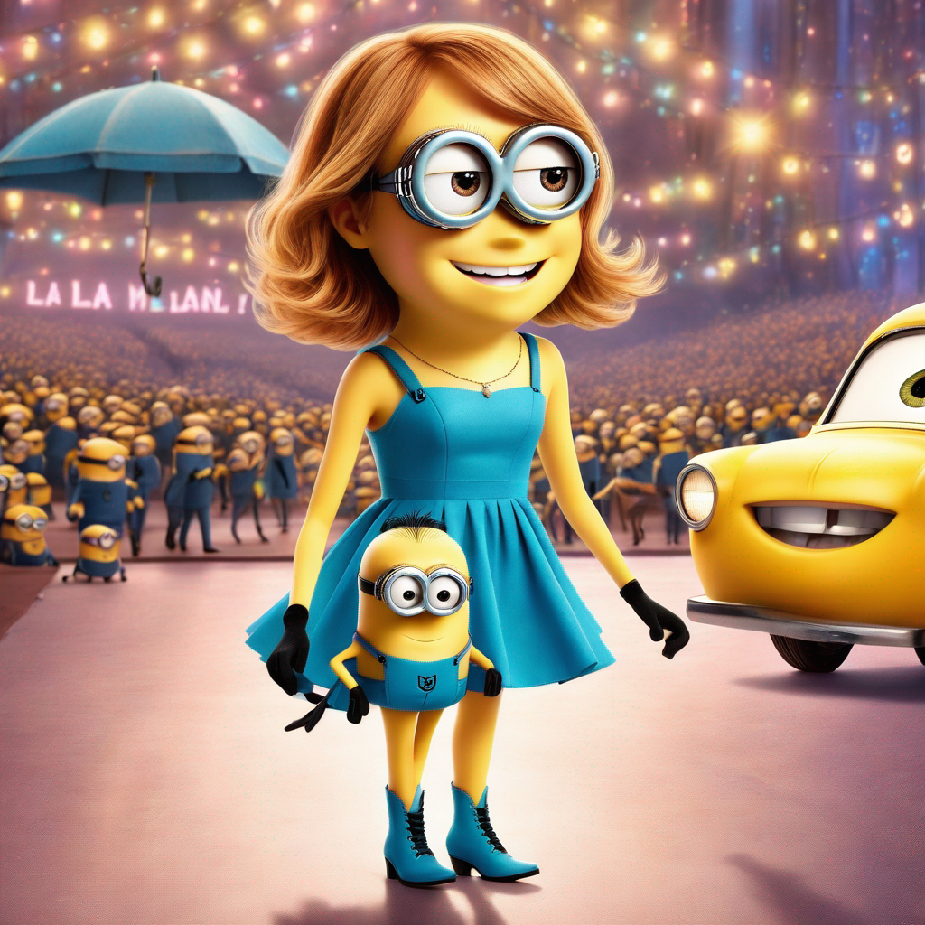Minion dressed as Emma Stone in "La La Land" on a red carpet, holding a mini Minion, with numerous Minions in the background