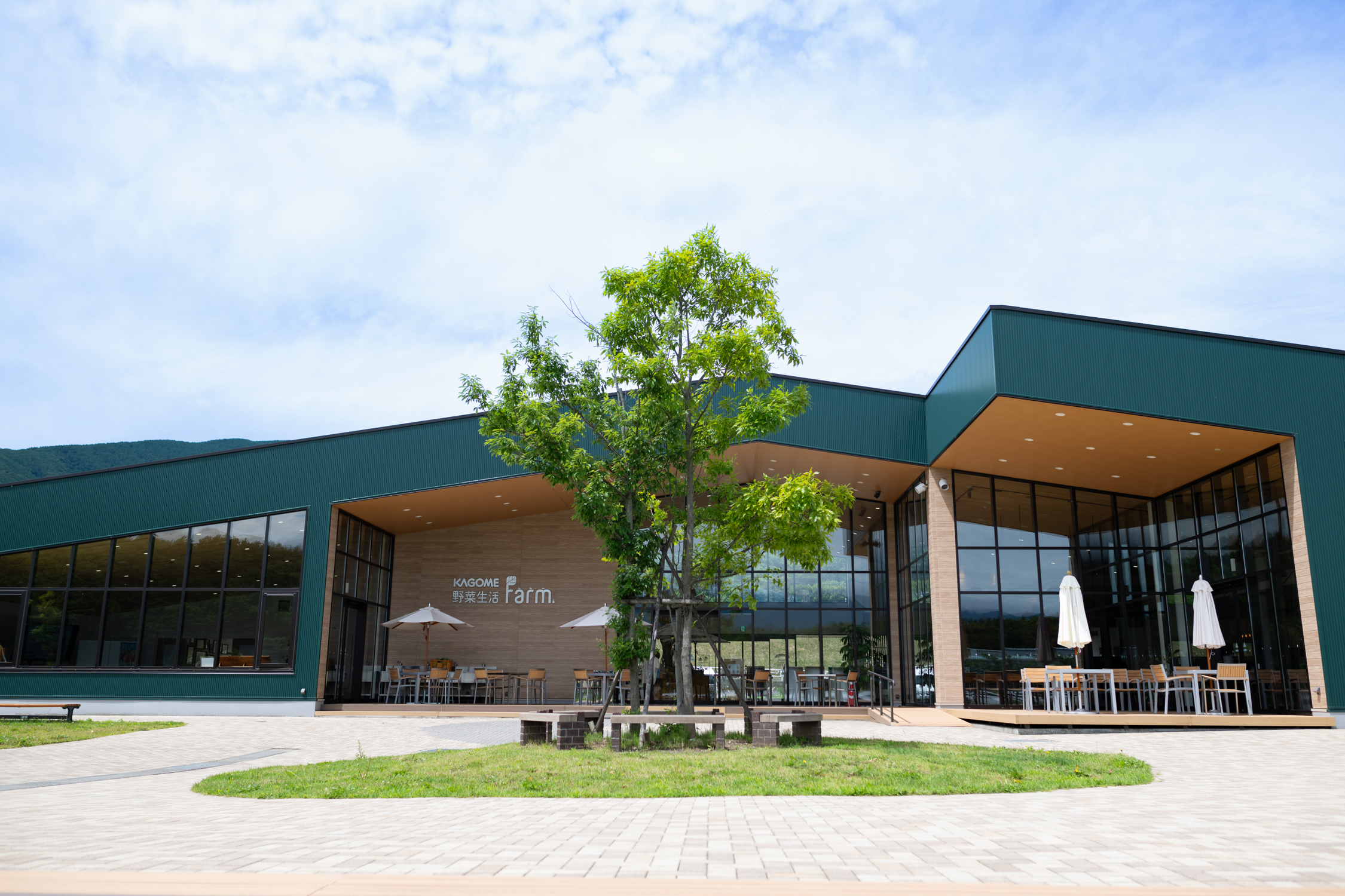 広々とした敷地に建つモダンなデザインの建物外観。カフェテラス席と樹木が見える。
