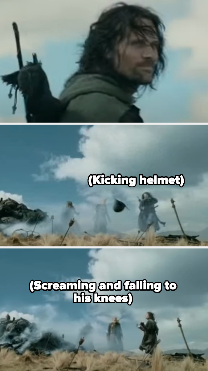 A scene from &quot;The Lord of the Rings: The Two Towers.&quot; Aragorn, played by Viggo Mortensen, looks distressed and kicks a helmet, screaming and falling to his knees