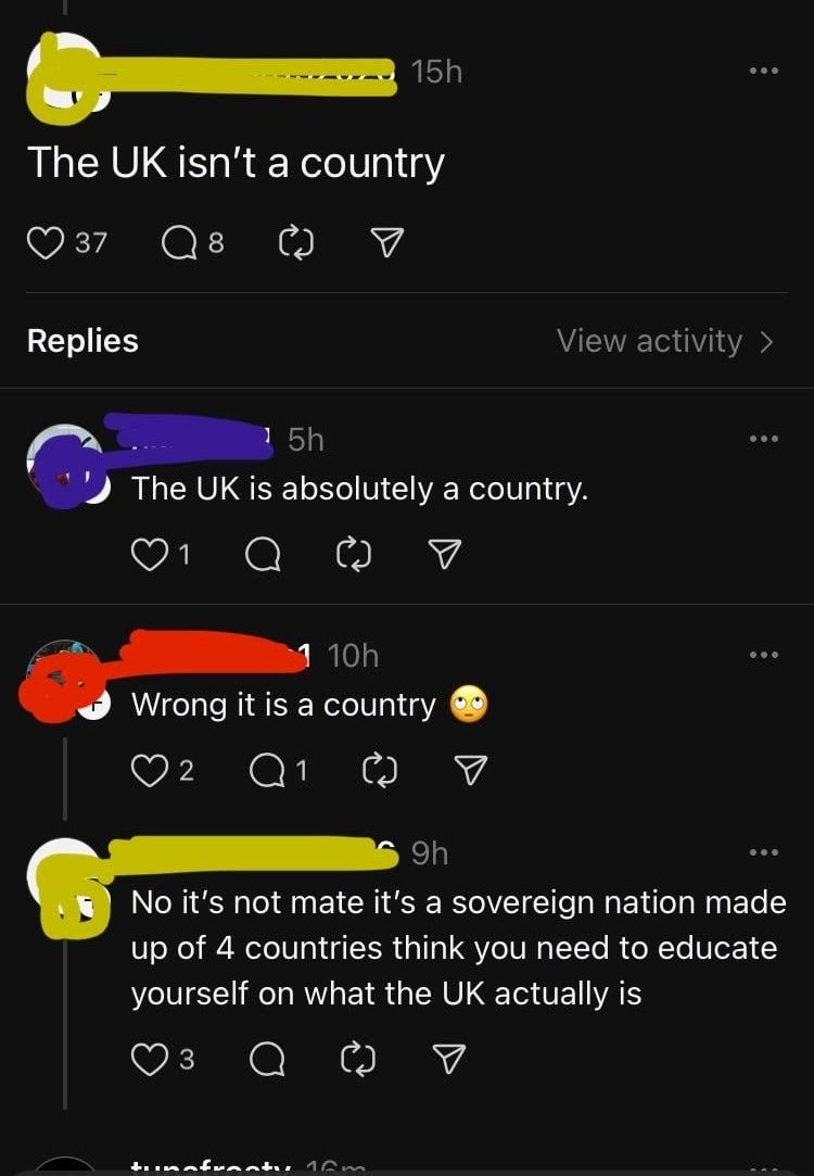 Screenshot of a Twitter conversation with several users arguing about whether the UK is a country