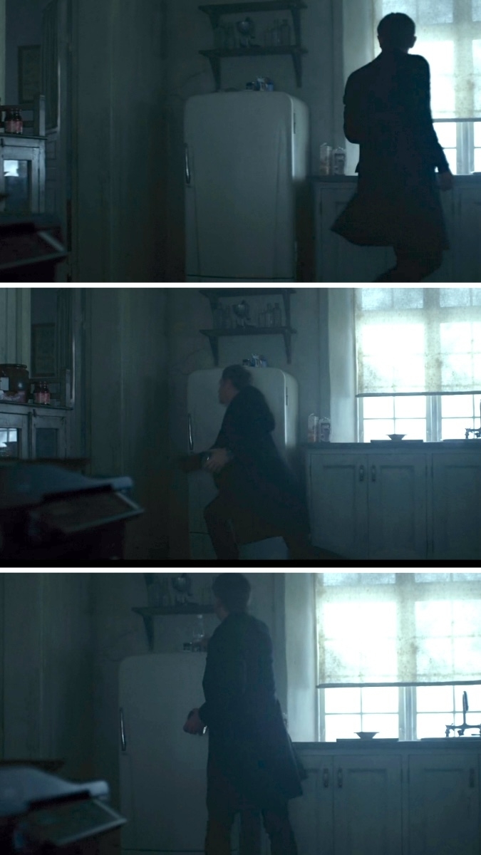A person in a dark coat interacts with a vintage refrigerator in a dimly lit kitchen in three sequential images