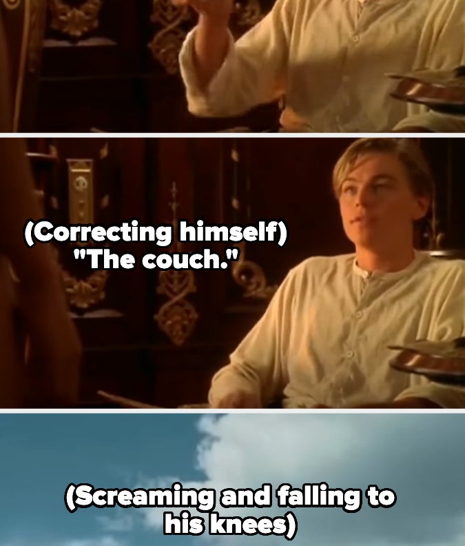 Three scenes from a movie: a person saying, &quot;Over on the bed,&quot; then correcting to &quot;The couch,&quot; and finally, a person screaming and falling to his knees in an outdoor setting