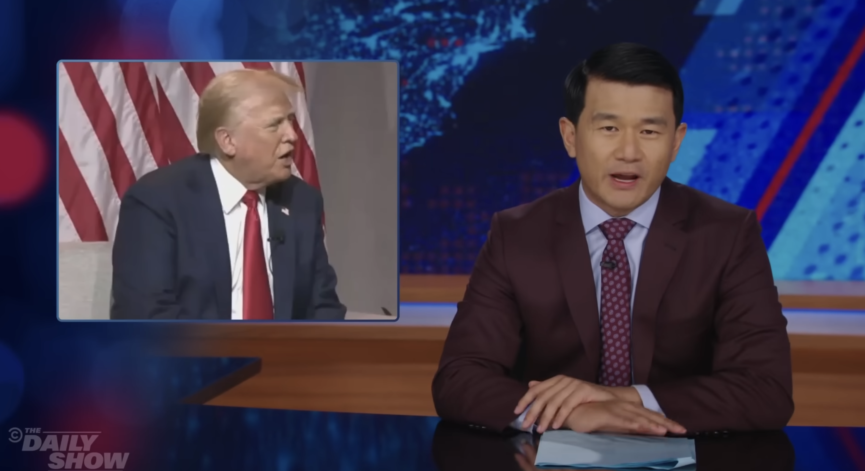 Ronny Chieng on &quot;The Daily Show,&quot; seated behind a desk, talks about Donald Trump, whose image appears on screen in the background