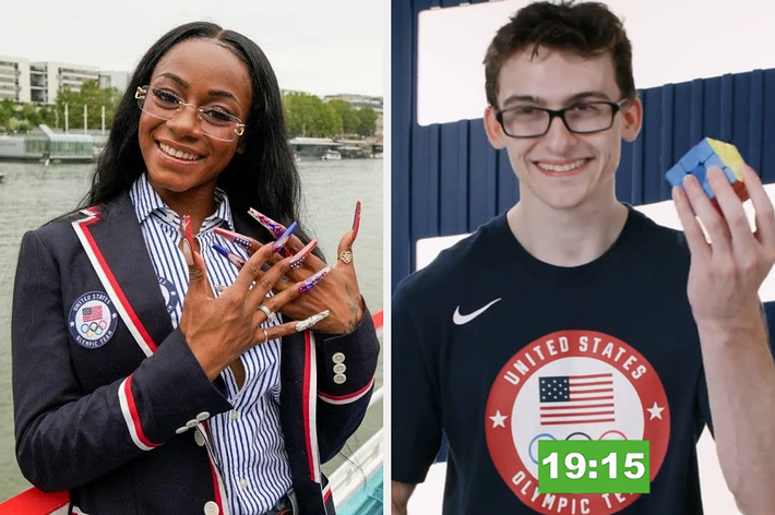 Sha'Carri Richardson, showing off her manicure, and Stephen Nedoroscik holding a Rubik's cube with a timing of 19.15 seconds displayed