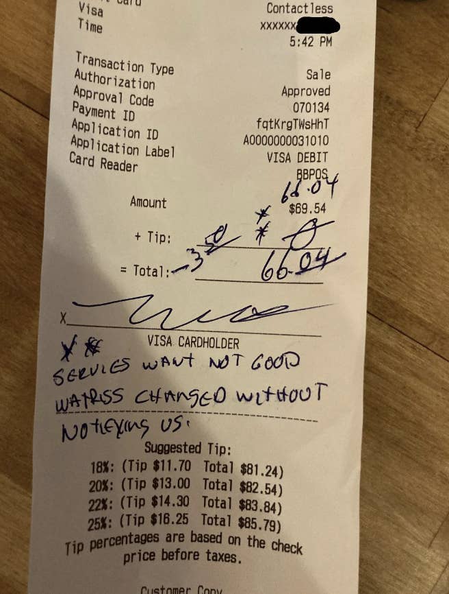 A receipt with handwritten notes saying, "Service was not good. Waitress changed without notifying us!" Total charge is $66.04. Suggested tips at 18%, 20%, and 25%