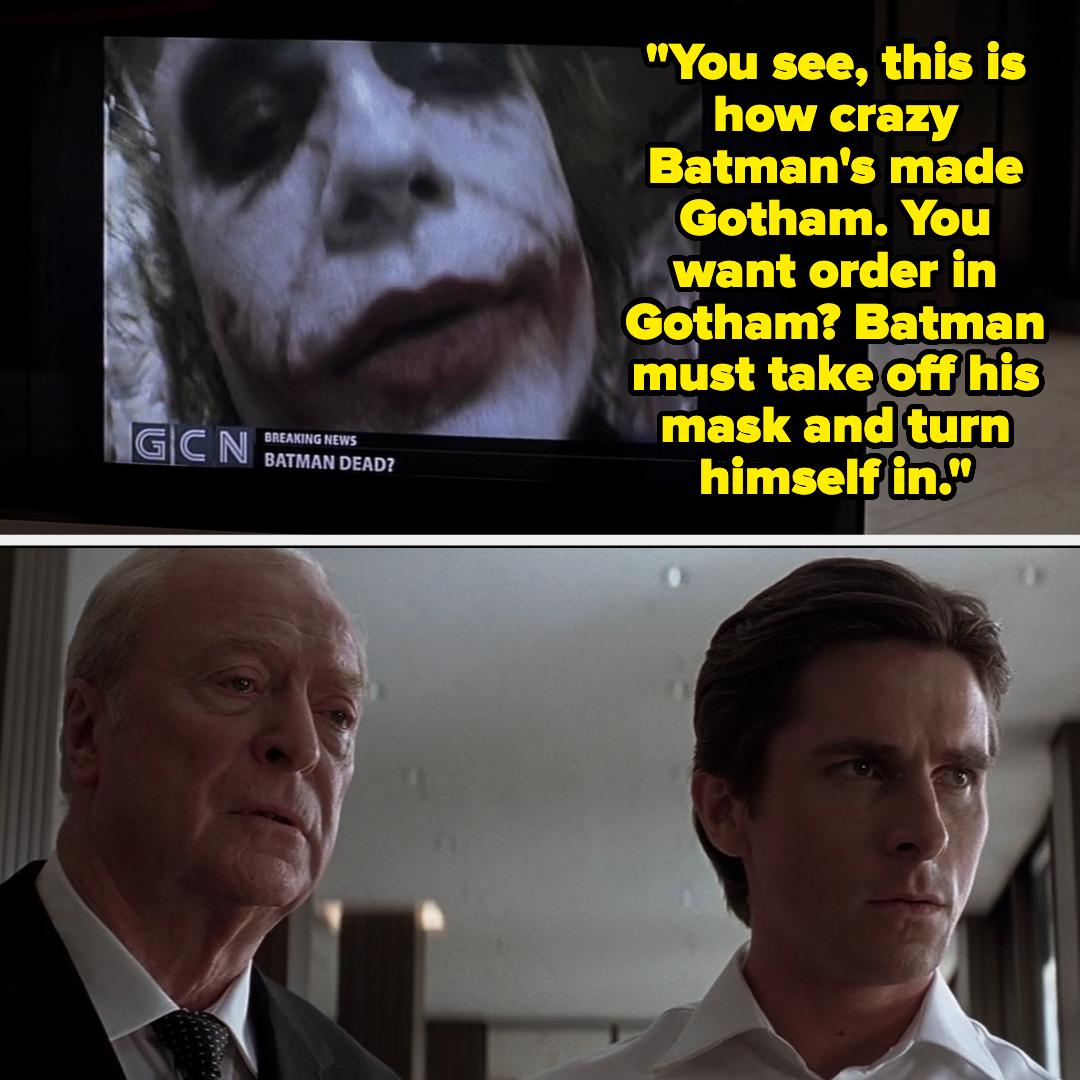 Top: Close-up of Joker&#x27;s face on TV screen with GCN news banner. Bottom: Alfred and Bruce Wayne in suits looking serious. Text: Joker speaking about Batman
