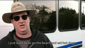Man wearing a straw hat and dark sunglasses says, &quot;I just want to lie on the beach and eat hot dogs.&quot;