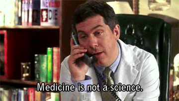 A man in a white lab coat, speaking into a phone, is featured in front of filled bookshelves. The text reads: &quot;Medicine is not a science.&quot;